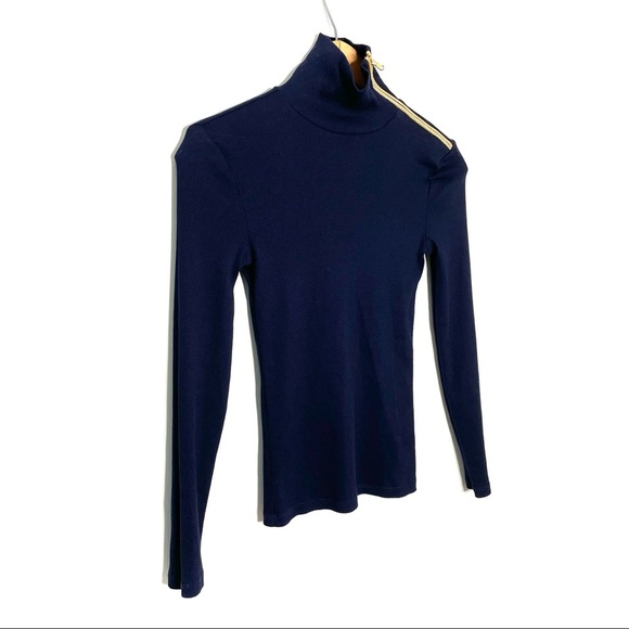 Lauren Ralph Lauren | Navy Blue Ribbed Turtleneck With Gold Zipper - Picture 3 of 9